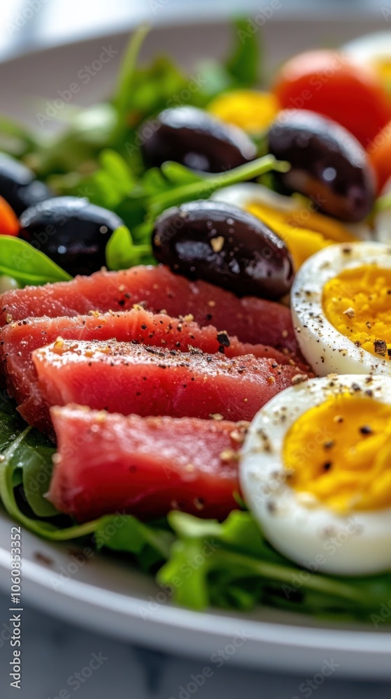 Fresh niçoise salad with seared tuna and olives for a spring gathering Fresh niçoise salad with seared tuna and olives for a spring gathering
