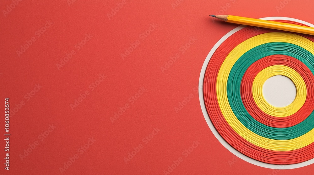 A colorful circular target is displayed on a red background, accompanied by a yellow pencil, emphasizing creativity and focus. A colorful circular target is displayed on a red background, accompanied by a yellow pencil, emphasizing creativity and focus.