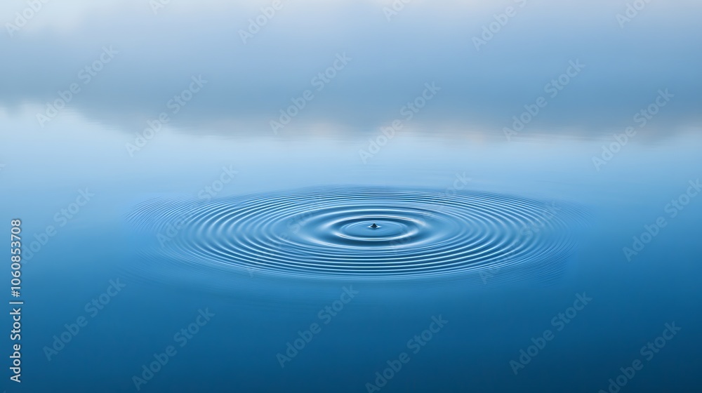 A single water drop creating ripples on a clear blue lake A single water drop creating ripples on a clear blue lake