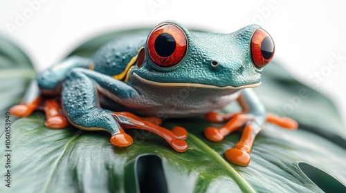 A vibrant green and red frog with large, prominent eyes sits on a green leaf, looking directly at the camera. photo