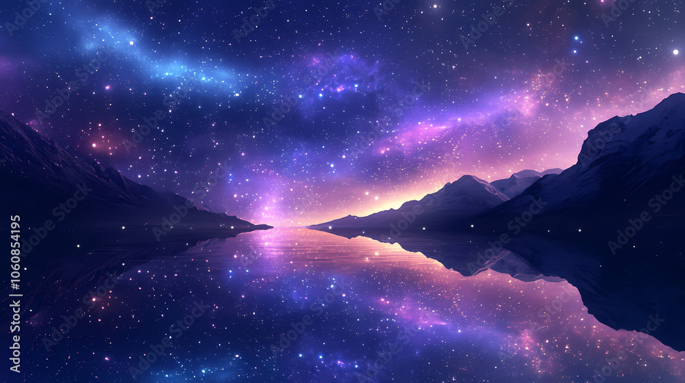 Fototapeta premium A beautiful night sky with a purple and blue aurora. Aurora Borealis Reflection. Illustration