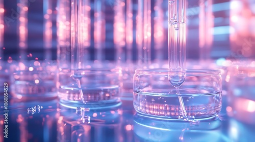 Array of laboratory beakers with glass stirring rods balanced across them, filled with clear liquids, modern lab background with bright,