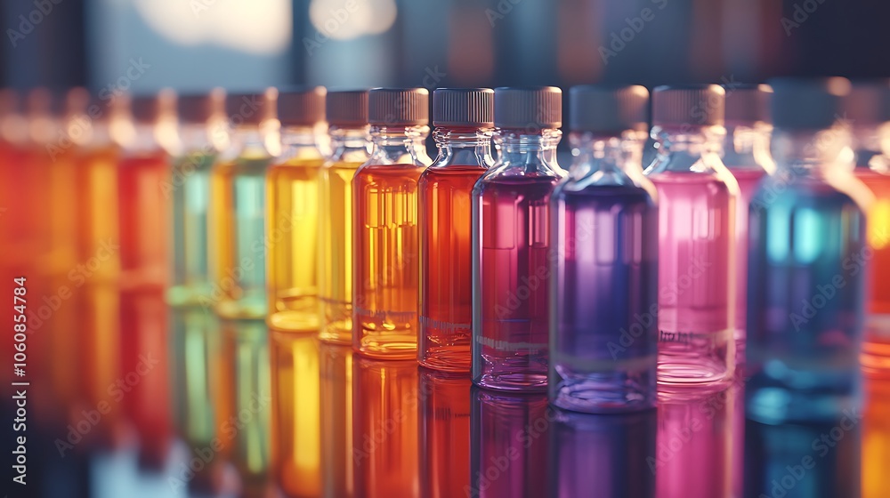 Array of reagent bottles with bright, multi-colored liquids, labels facing forward, arranged on a glass surface with subtle light reflections, modern lab aesthetic, Array of reagent bottles with bright, multi-colored liquids, labels facing forward, arranged on a glass surface with subtle light reflections, modern lab aesthetic,