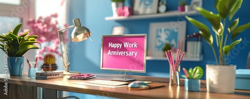 Celebratory office desk featuring a sign reading 'Happy Work Anniversary.' Warm and welcoming workspace.