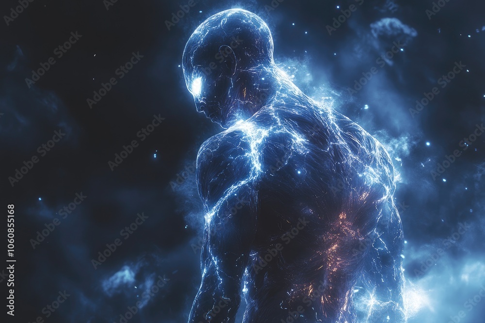 A Crystalline Human Figure Glowing with Energy in a Cosmic Background A Crystalline Human Figure Glowing with Energy in a Cosmic Background