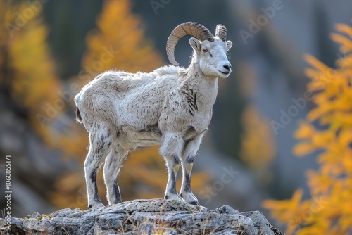 A Dall Sheep Stands on a Rocky Outcrop with a Blurred Background of Fall Colors photo