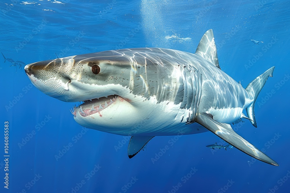 Fototapeta premium A Great White Shark Swimming Underwater With Its Mouth Open