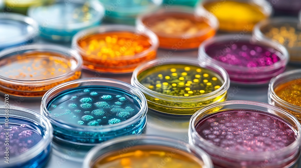 Artistic photograph of petri dishes with unique bacterial colonies, arranged in a circular pattern on a clean lab counter, Artistic photograph of petri dishes with unique bacterial colonies, arranged in a circular pattern on a clean lab counter,