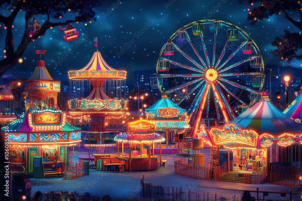 A carnival scene with colorful rides, games, and a Ferris wheel lit up with bright lights. A carnival scene with colorful rides, games, and a Ferris wheel lit up with bright lights.