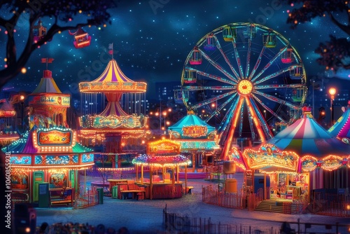 A carnival scene with colorful rides, games, and a Ferris wheel lit up with bright lights.