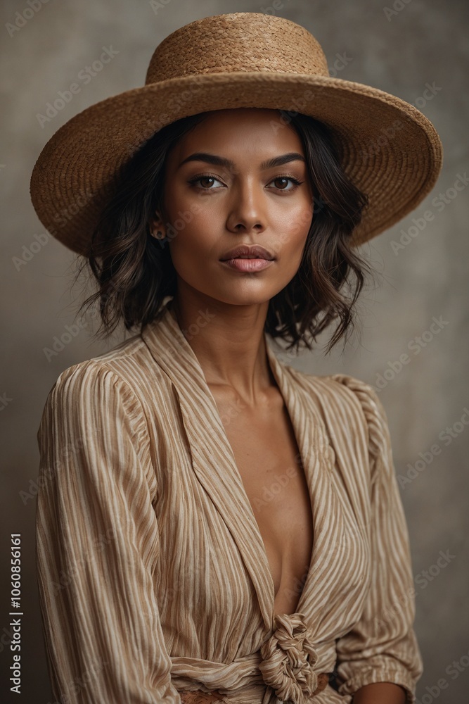 Brunette model with confident expression wearing straw hat and striped blouse against textured background Brunette model with confident expression wearing straw hat and striped blouse against textured background