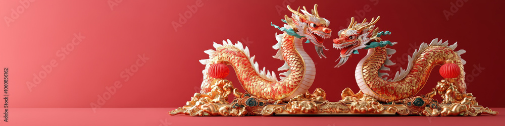 Fototapeta premium A banner of Chinese dancing dragon in conner, decoration by red lantern, gold elements. copy space in center, red background
