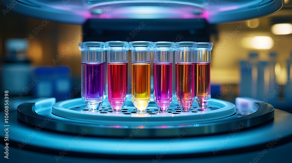 Centrifuge lid open with test tubes neatly arranged inside, vibrant liquids in each tube, bright lab lighting capturing the details and cleanliness of the setup, minimalistic lab background --ar 16:9 Centrifuge lid open with test tubes neatly arranged inside, vibrant liquids in each tube, bright lab lighting capturing the details and cleanliness of the setup, minimalistic lab background --ar 16:9
