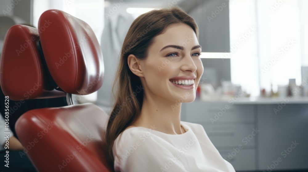 A young woman smiling in a modern dental office chair, ready for a teeth cleaning appointment. A young woman smiling in a modern dental office chair, ready for a teeth cleaning appointment.