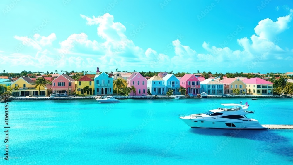 Obraz premium Tropical paradise, colorful Caribbean houses, vibrant pastel buildings, turquoise water, luxury yacht, sunny day, clear blue sky, white puffy clouds, idyllic coastal town, Nassau Bahamas, photorealist