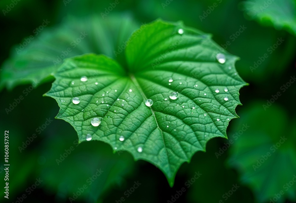 Close-up of a green leaf with water droplets on its surface, showcasing nature's beauty in a serene environment Close-up of a green leaf with water droplets on its surface, showcasing nature's beauty in a serene environment
