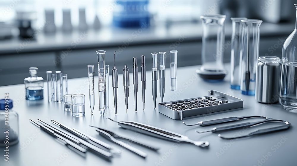 Close-up of a selection of laboratory tools like burettes, pipettes, and tongs, laid out in an orderly fashion on a clean workbench, professional lab background with bright, Close-up of a selection of laboratory tools like burettes, pipettes, and tongs, laid out in an orderly fashion on a clean workbench, professional lab background with bright,