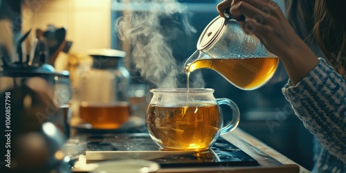 A person pouring hot tea into a mug in the kitchen, with visible steam rising from the kettle. The image captures the simple pleasure of a well-made cup of tea.