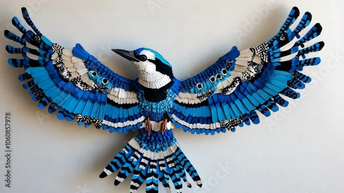 A blue jay sculpture with outstretched wings made of patterned fabric is displayed against a white wall photo