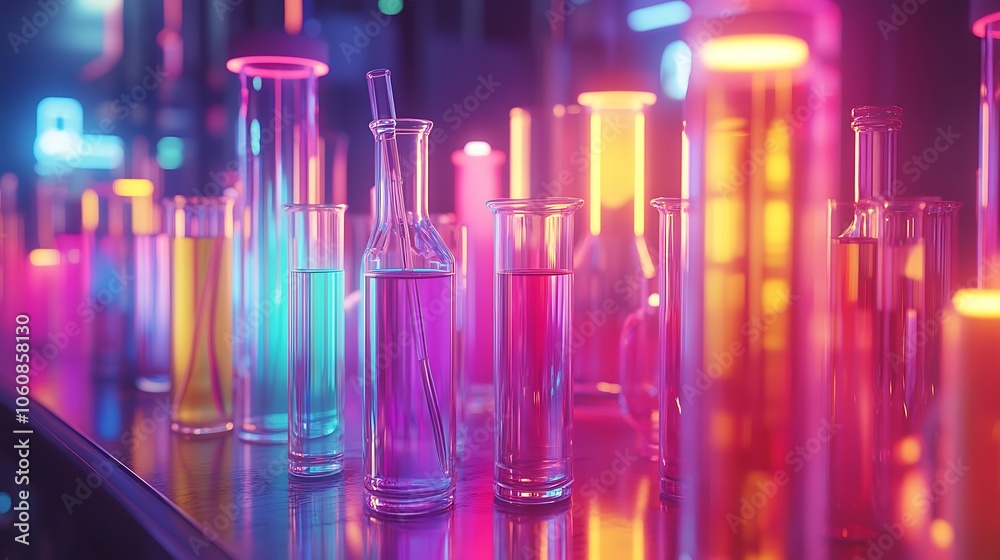 Close-up of glassware setup in a lab, featuring a collection of flasks, cylinders, and stirring rods, filled with neon-colored liquids, illuminated by bright,