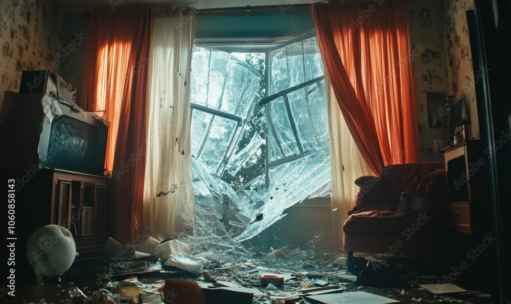 Shattered window, debris, and a dusty room. Shattered window, debris, and a dusty room.