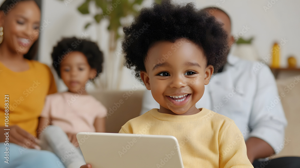 Young child joyfully using tablet with family in background Young child joyfully using tablet with family in background