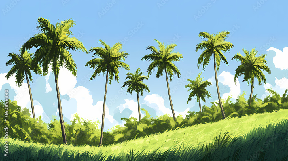 A cluster of coconut trees stands together on a lush green hillside, landscape, plant, coconut tree, hillside. Lush Hillside. Illustration A cluster of coconut trees stands together on a lush green hillside, landscape, plant, coconut tree, hillside. Lush Hillside. Illustration
