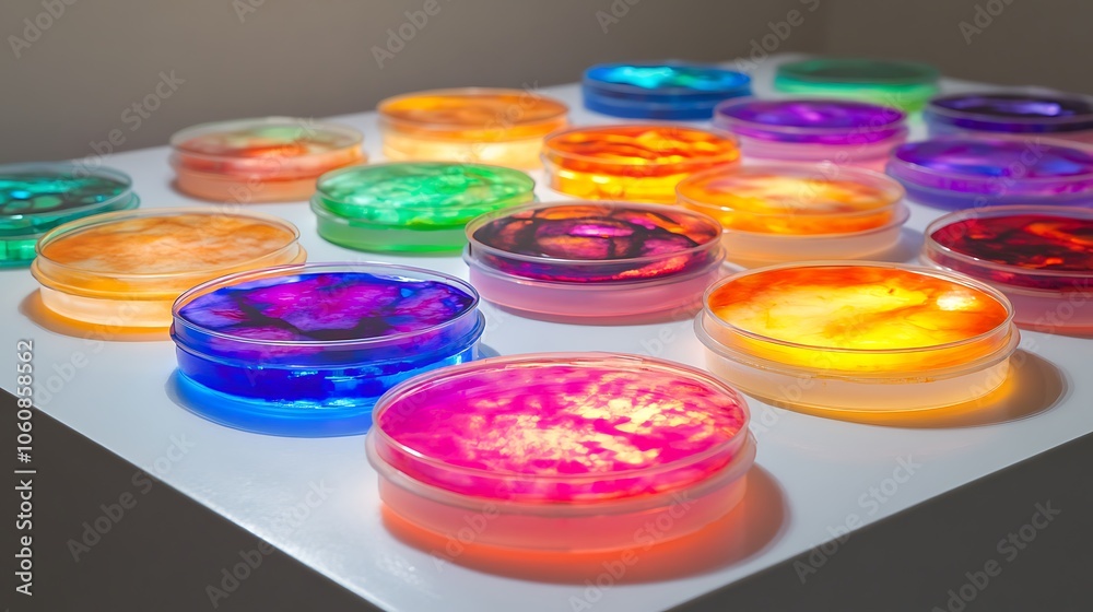 Close-up of petri dishes with stained microbial cultures, arranged in a circular formation on a white lab surface, Close-up of petri dishes with stained microbial cultures, arranged in a circular formation on a white lab surface,