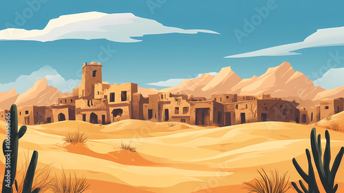 A desert landscape showing wind-swept sand dunes encroaching on an abandoned town. Wind-swept Desert. Illustration photo