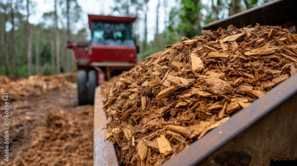 Fototapeta premium Sustainable energy production: closeup of biomass pelletizing machine in action