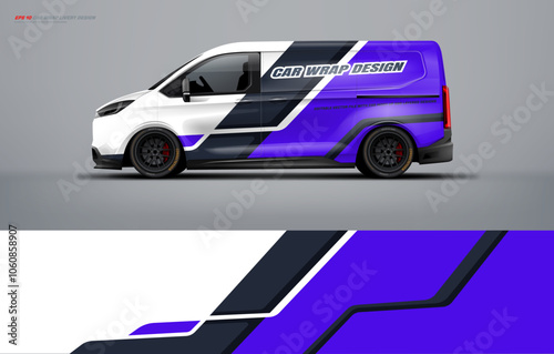 van wrap design for universal medium van, with a touch of Abstract simple racing Graphics in purple, blue and black with background. Vector eps print ready printable file.