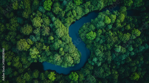 Fototapeta Naklejka Na Ścianę i Meble -  An aerial view of a winding river flowing through a lush green forest