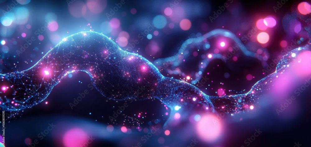 Dynamic digital landscape featuring futuristic tech elements in blue and purple tones. Generative AI