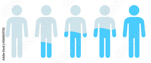 Human body silhouette with blue liquid water level. Infographic showing water percentage level in human body. Vector illustration.