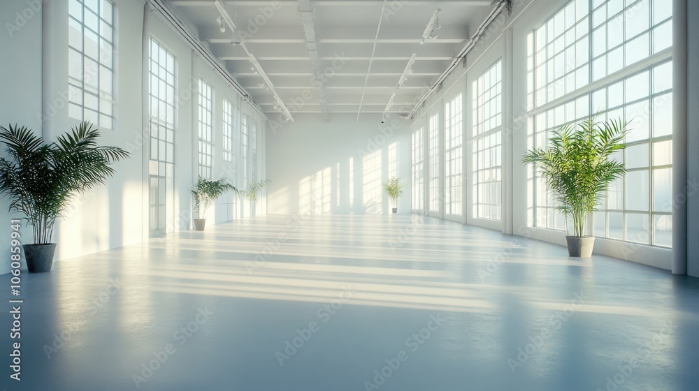 custom made wallpaper toronto digitalSpacious empty industrial loft with large windows and plants, perfect for events or business.