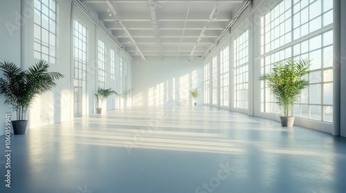 Wallpaper Mural Spacious empty industrial loft with large windows and plants, perfect for events or business. Torontodigital.ca