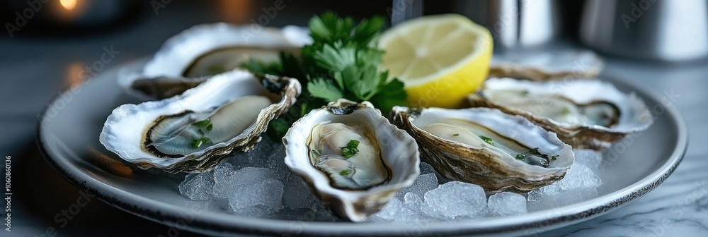 Fresh oysters on ice with lemon and herbs for seafood dining experience Fresh oysters on ice with lemon and herbs for seafood dining experience