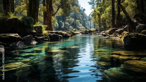 A river with a lot of rocks and trees