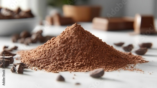 fine cocoa powder piled on a pristine white surface showcased with delicate shadows and subtle texture inviting and rich in color ideal for culinary themes photo