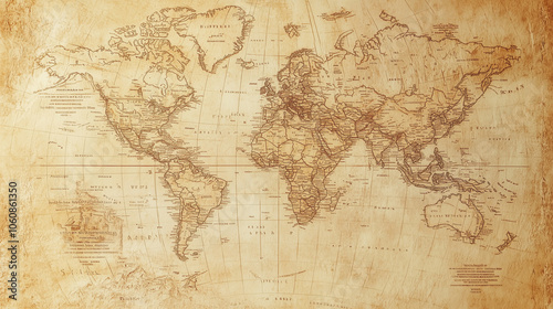 Vintage World Map with Sepia Tones and Antique Style