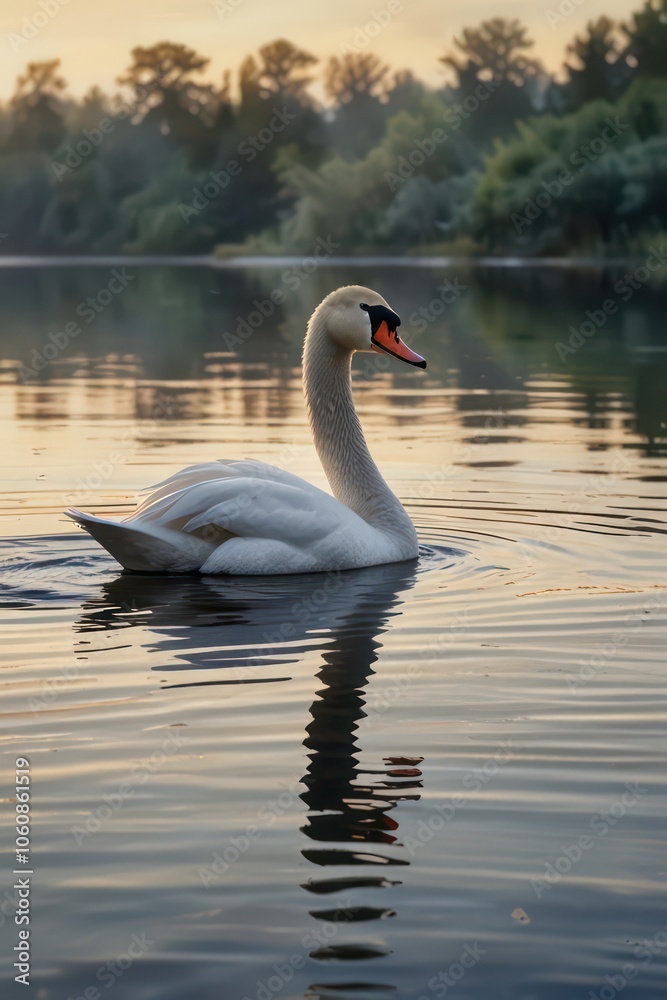 A beautiful white swan gracefully swims in a serene lake, reflecting its elegance in the calm water, surrounded by nature and wildlife A beautiful white swan gracefully swims in a serene lake, reflecting its elegance in the calm water, surrounded by nature and wildlife