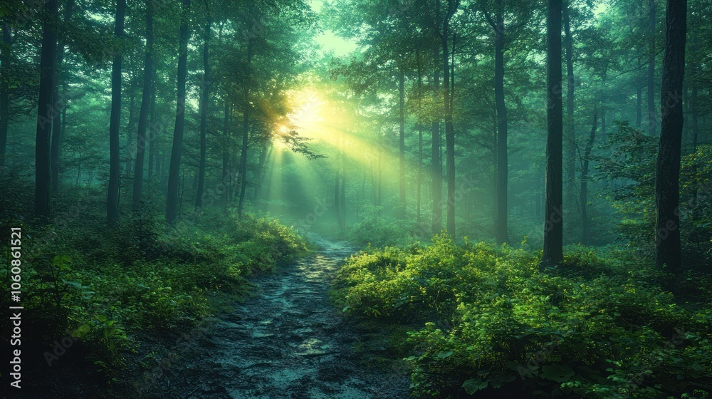 A sunbeam pierces through the dense forest canopy, illuminating a path in the mist. A sunbeam pierces through the dense forest canopy, illuminating a path in the mist.