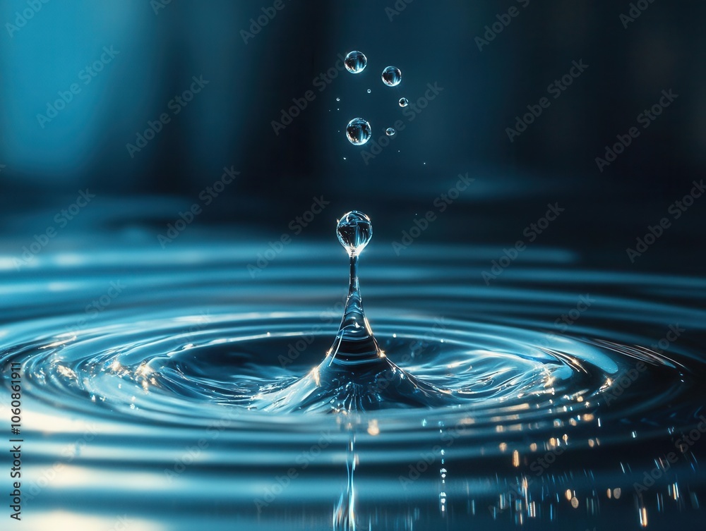 Water droplet creating ripples on a serene surface, capturing tranquility and purity in nature. Water droplet creating ripples on a serene surface, capturing tranquility and purity in nature.