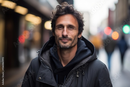 Portrait of a handsome man in a city street looking at camera