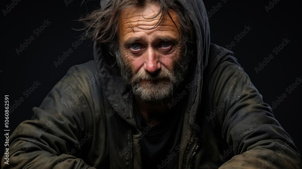 A man with a beard and a hooded sweatshirt is sitting on the ground A man with a beard and a hooded sweatshirt is sitting on the ground