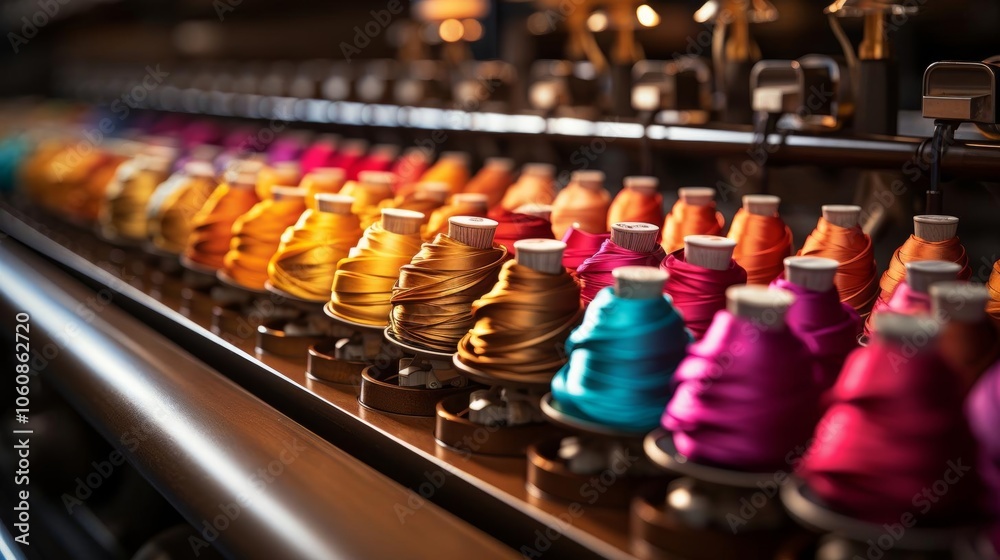 A row of colorful spools of thread are on a machine A row of colorful spools of thread are on a machine