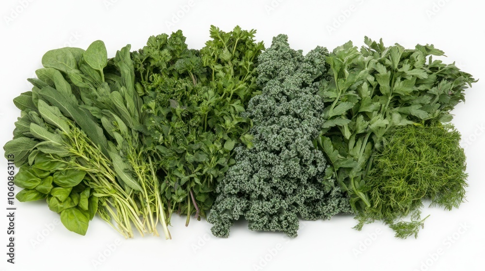 Assortment of Fresh Green Herbs and Greens