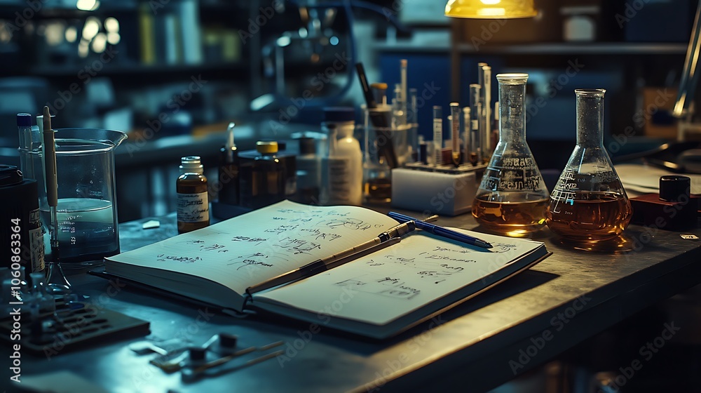 Lab bench with a notebook open to notes and diagrams, pen resting on the side, surrounded by essential lab tools, focused lighting creating a professional, Lab bench with a notebook open to notes and diagrams, pen resting on the side, surrounded by essential lab tools, focused lighting creating a professional,