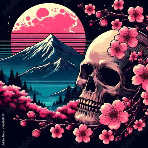 Cute pink aesthetic wallpaper & screensaver of skulls, flowers, mountains, & cherry blossoms with the moon adjourn in the background photo