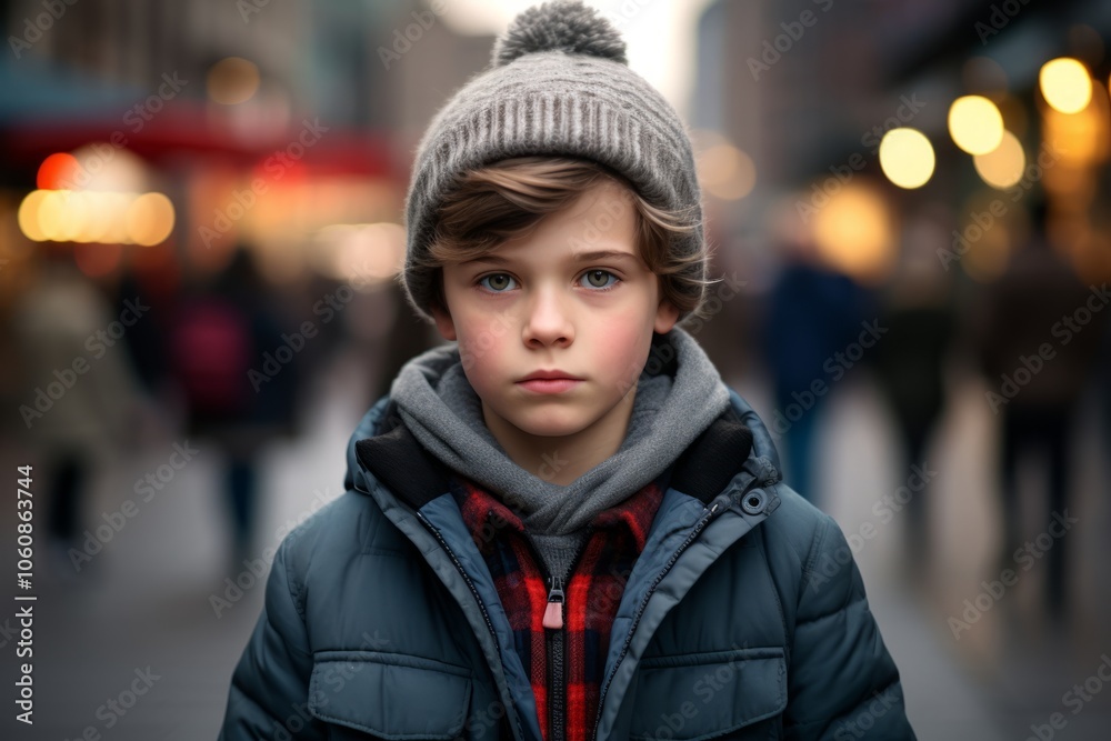 Portrait of a cute little boy in a hat and coat on the street. Portrait of a cute little boy in a hat and coat on the street.